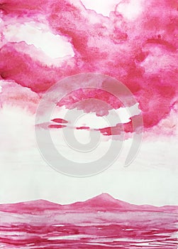Pink watercolor illustration montain sea and clounds photo