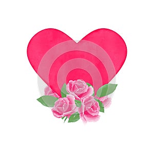 Pink watercolor roses and pink heart for valentine