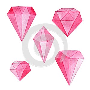 Pink watercolor set of elements with precious stones for Valentine\'s Day. Design elements of the scrapbook. Watercolor