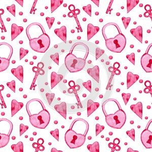 Pink watercolor set of elements for Valentine's Day, lock with key, hearts. Seamless pattern
