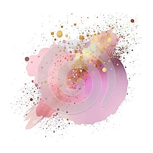 Pink watercolor splash blot splatter stain with gold glitters. Rose pink elegance watercolor brush stroke. Beautiful trendy