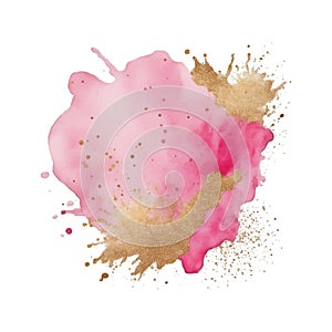 Pink watercolor splash blot splatter stain pattern. Gold glitter. Rose pink watercolor brush stroke, blot. Beautiful trendy