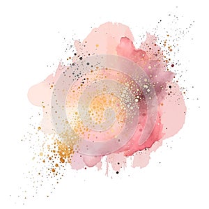 Pink watercolor splash blot splatter stain pattern. Gold glitters. Rose pink watercolor brush stroke, blot. Beautiful trendy