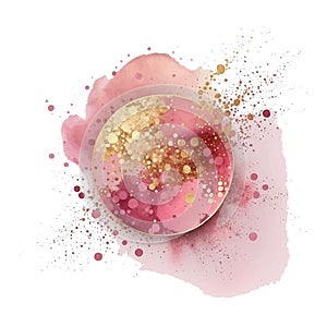 Pink watercolor splash blot splatter stain round pattern. Gold glitters. Rose pink watercolor brush stroke, circle. Beautiful