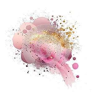 Pink watercolor splash splatter stain brush strokes with gold glitter on white background. Modern aquarelle spot. Trendy isolated