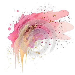 Pink watercolor splash splatter stain brush strokes with gold glitter on white background. Modern aquarelle spot. Trendy isolated