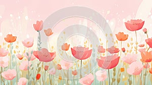 Pink watercolor springtime widescreen background with colorful illustrated tulips