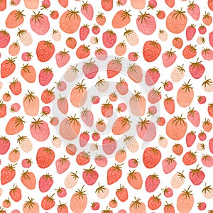 Pink watercolor strawberry seamless pattern. Summer berry background, wallpaper, textile design