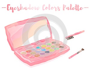pink watercolored painting vector illustration of a beauty utensil eye shadow colors box palette with a mirror.