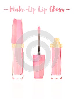 Pink watercolored painting vector illustration of a beauty utensil gloss lipstick makeup product to give lips a glossy lustre.