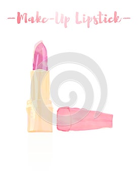 Pink watercolored painting vector illustration of a beauty utensil pink lipstick makeup product with pigments, oils, waxes, and e