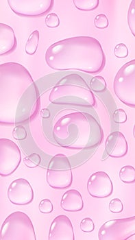 Pink waterdrop story background. Condensate serum or essence drops. Cosmetic ad banner.