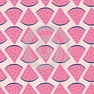 Pink watermelon slices hand drawn vector illustration. Colorful fruit ornament seamless pattern for wallpaper.