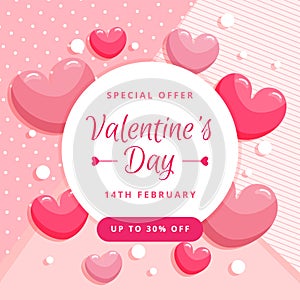 Pink web backdrop for Valentines Day sale. Spe ial offer with hearts and decorations. Flat style. photo