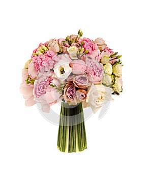 Pink wedding bouquet with roses and peony isolated on white