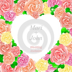 Pink wedding invitation with heart of roses