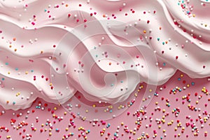 Pink whipped cream and sugar sprinkles on pink background