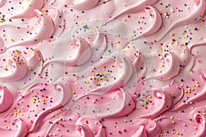 Pink whipped cream and sugar sprinkles on pink background