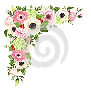 Pink and white anemones, lisianthuses, ranunculus and hydrangea flowers and green leaves. Vector corner background.