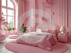 Pink and white bedroom with a large window, a pink rug, and a pink bed