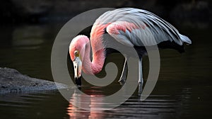 a pink and white bird standing in water next to a rock and a rock in the water with it\'s reflection in the water