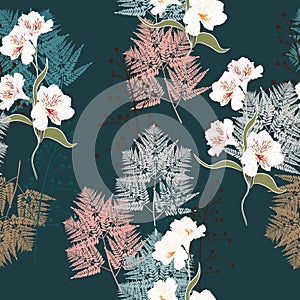 Pink and white bouquets on the black background. Vector seamless pattern with garden flowers.