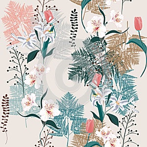 Pink and white bouquets on the light background. Vector seamless pattern with garden flowers.