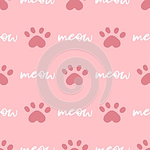 Pink and white cat seamless pattern. Meow and cat paws background vector illustration. Cute cartoon pastel character for