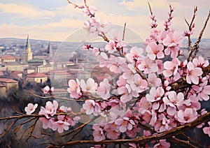 Pink and white cherry blossoms on a tree, green trees and city skyline in the background. Flowering flowers, a symbol of spring,