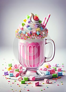 Pink white chocolate milkshake with whipped cream and colorful marshmallow.