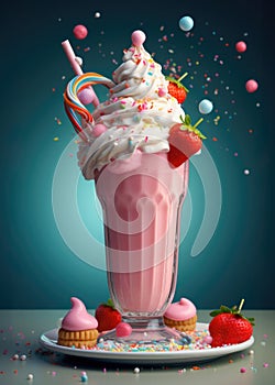 Pink white chocolate milkshake with whipped cream,fresh berries and colorful sweet candy decor.Trendy freak or crazy cocktail