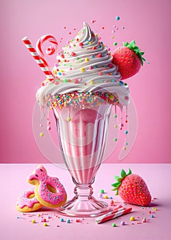 Pink white chocolate milkshake with whipped cream,fresh berries and colorful sweet candy decor.Trendy freak or crazy cocktail