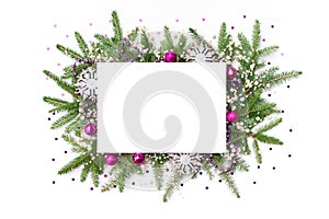 Pink and white Christmas background with frame and copy space. New Year design template for invitations, announcements,