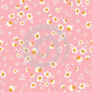 Pink white daisies ditsy ornamental vector seamless pattern design