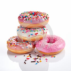 Pink And White Donuts With Sprinkles On White Background