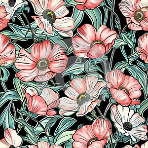 Pink and white endless floral pattern in 1920s style. Created with AI
