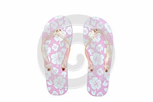 Pink with white flowers flip flop sandals beach shoes isolated on white background. Top view and copy space.