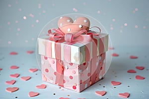 A pink and white gift box with a heart-shaped embellishment on it, A romantic gift box adorned with heart-shaped embellishments photo