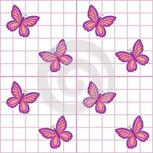 Pink and White Grid chekers seamless pattern with colorful butterfly. Y2K 90s 2000s seamless pattern vector background