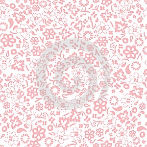 Pink on white hand drawn random flower and leaf seamless repeat pattern background