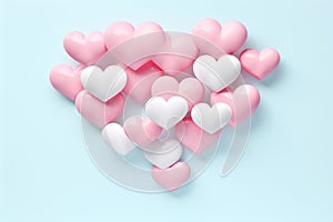 Pink and white hearts on blue background. Valentine's day concept. Red satin bow isolated on white background