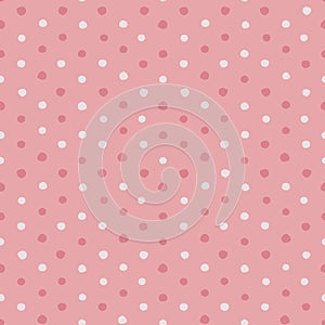 Pink and white irregular polka dots vector seamless pattern.