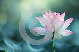 Pink and white lotus flower in sharp focus, with its delicate petals spread open, against a blurred green backdrop with light