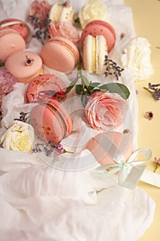 Pink and white macaroons cakes with big and small flower buds ar