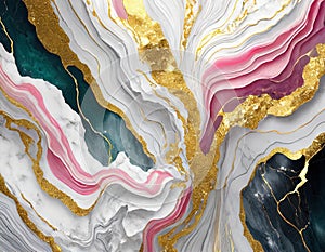 Pink and white marble with gold veins. Textured background. Decorative acrylic paint pouring rock marble texture.