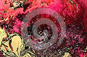 Pink and white marbles textures with acrylic painted waves. Abstract painting, can be used as a trendy background for