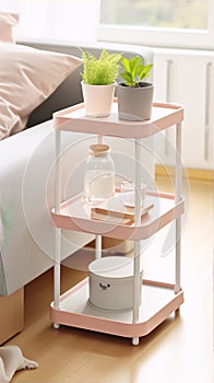 Pink and white metal and plastic shelving unit with plants, water carafe, and storage box in a bright, modern living room interio