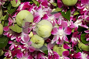 Pink white orchids & Lotus flowers garland offering in buddhist temple, Bangkok, Thailand