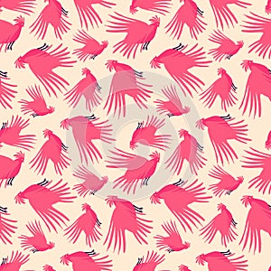 A pink and white pattern of birds flying in the sky