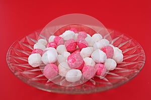 Pink and white peanuts candies, a kind of Chinese sweetmeat made of many ingredients (called Kanom Chan ap in Thai)